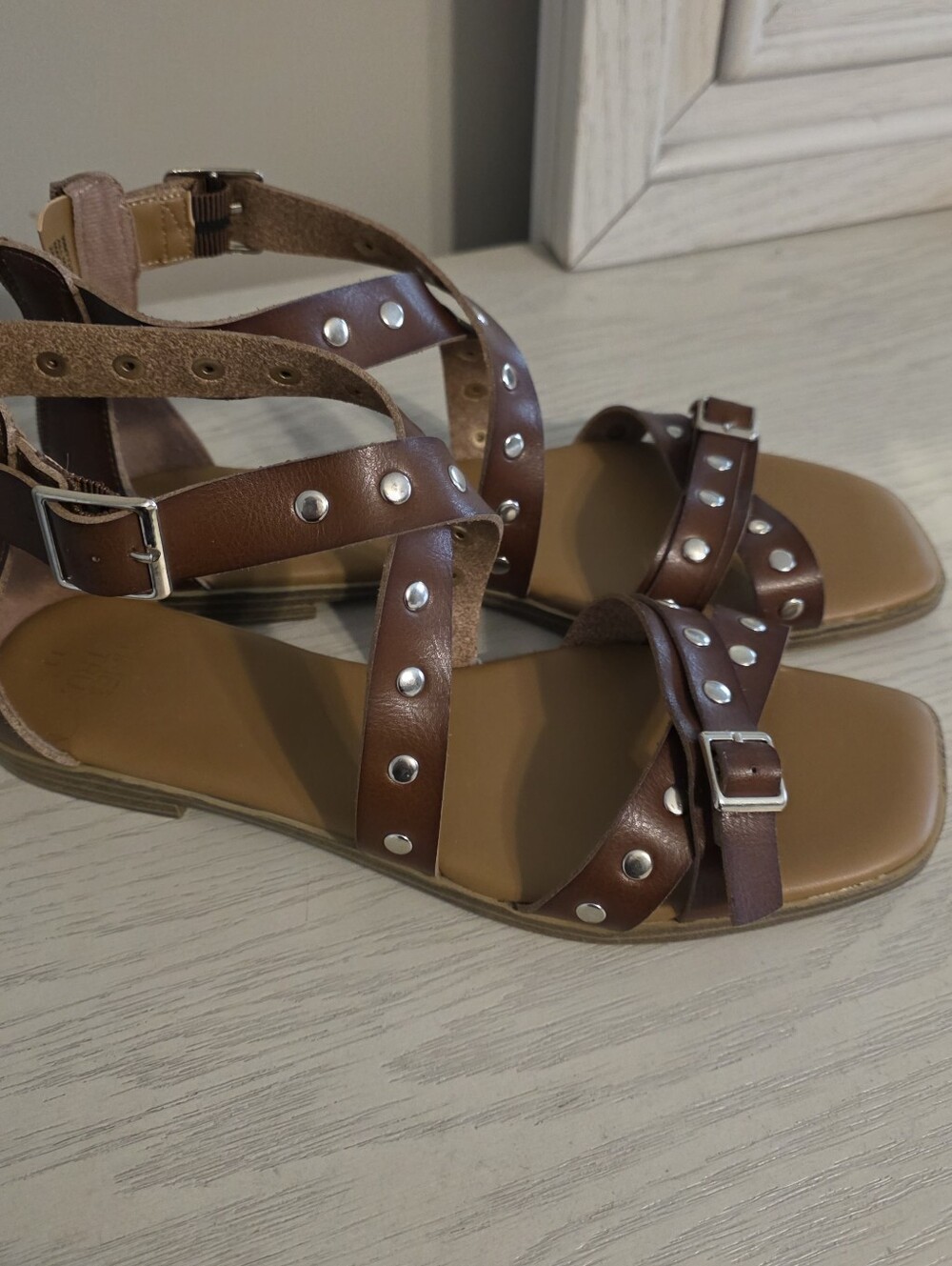 Studded Brown Leather Strappy Women's Sandals
